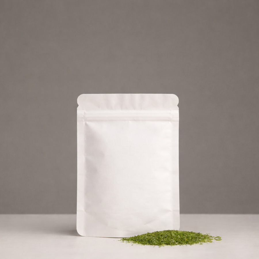 Liofilizuotų krapų mėginėlis baltame doy pack maišelyje