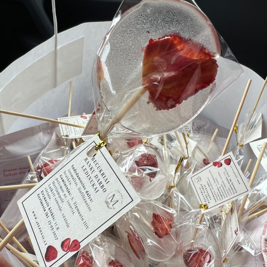 10 Sugar-free lollipops with freeze-dried orphan flowers and strawberries, 1 piece (15 g) (Kopija)