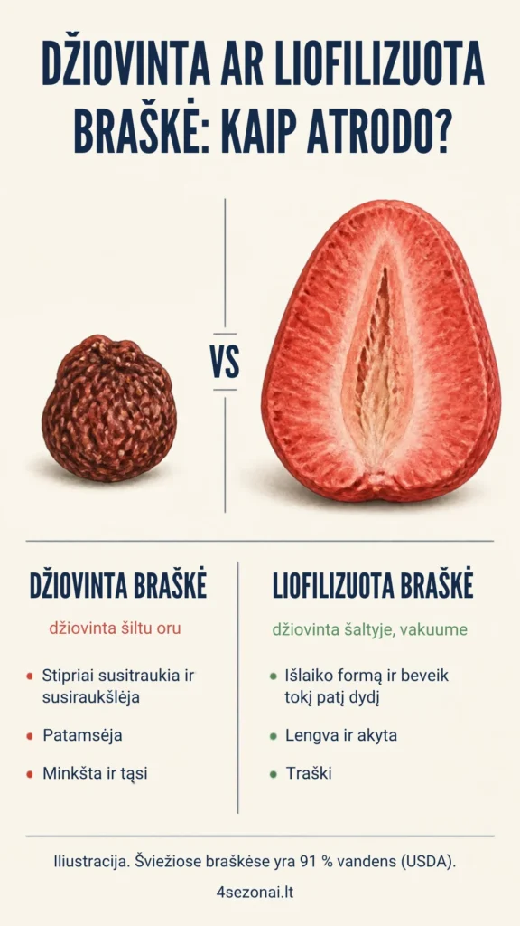 Džiovinta ir liofilizuota braškė: džiovinta braškė maža, susiraukšlėjusi ir patamsėjusi, liofilizuota išlaiko formą ir dydį