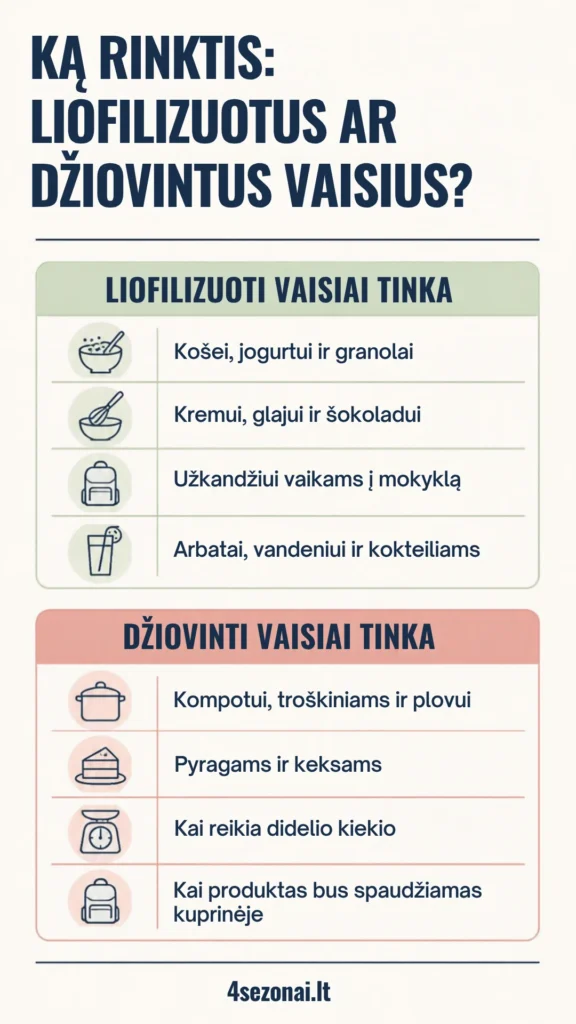 Kam tinka liofilizuoti vaisiai ir kam tinka džiovinti vaisiai