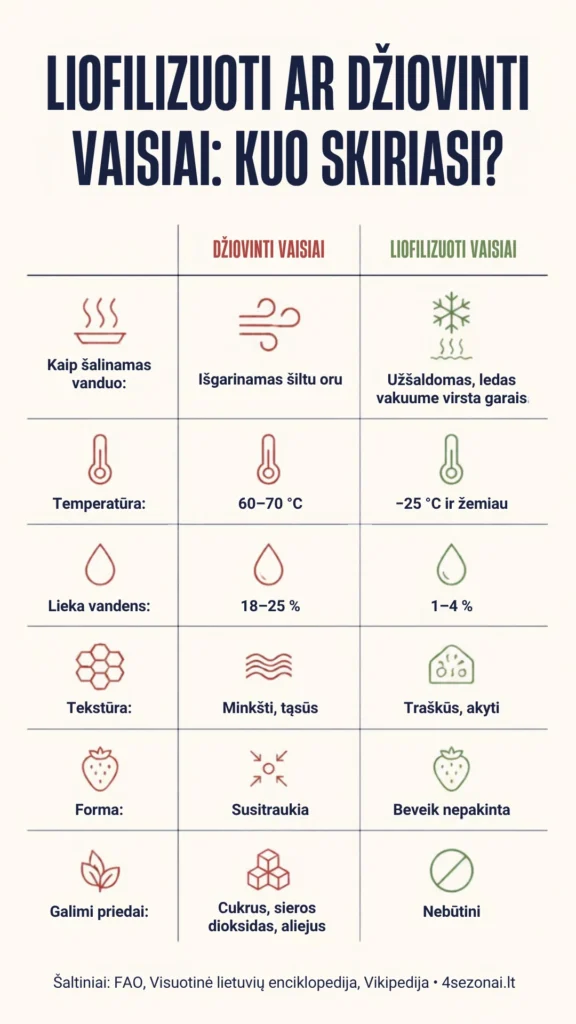Liofilizuotų ir džiovintų vaisių palyginimas: temperatūra, vandens kiekis, tekstūra, forma ir priedai